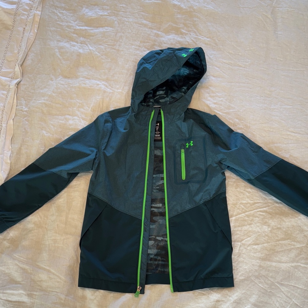 Under Armour Dark Teal with Neon Trim Hooded Jacket shell rain coat spring